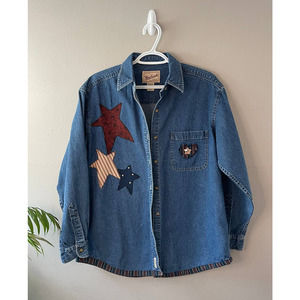 Vintage Denim Woolrich Patriotic Button Up with Star Patches and Flannel Border